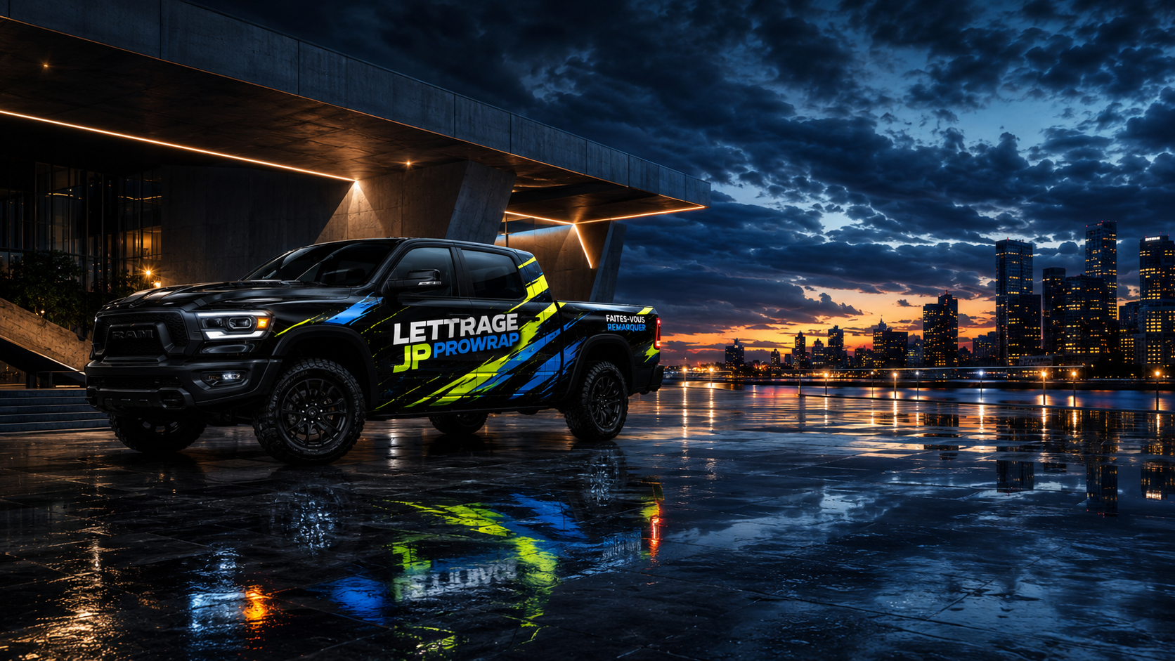 Camion RAM lettrage commercial Lettrage JP Prowrap dans un entrepôt